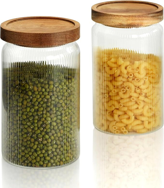 Ribbed Glass Storage Jars Set of 2 – Airtight Food Canisters with Wooden Lids, Stackable Kitchen Organizers for Coffee, Tea, Spices & Dry Goods (18.6oz)