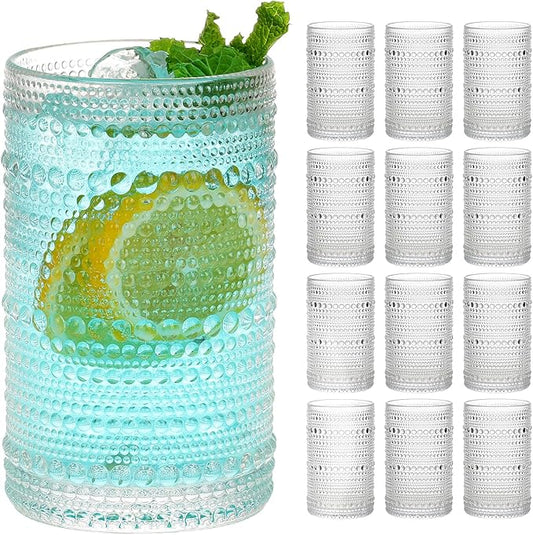 Moretoes Hobnail Drinking Glasses Set of 12,12 Oz Highball Glasses Clear Embossed Boho Water Glass Cups Kitchen Bar Tumbler Glassware Set for Whiskey, Beer, Juice, Milk and Various Mixed Drinks