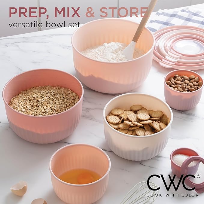 COOK WITH COLOR Prep Bowls with Lids- Wide and Deep Nesting Plastic Small Mixing Bowl Set with Lids, 12 Piece Set - Deep Bowls, Pink