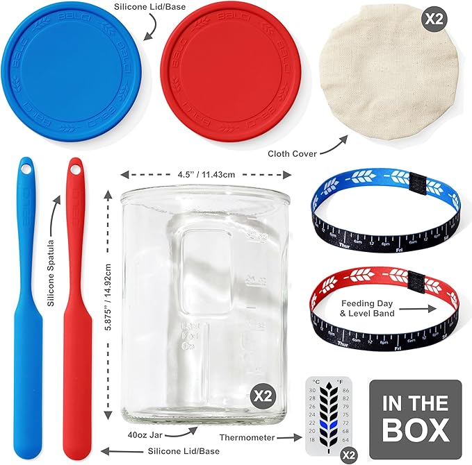 Premium Sourdough Starter Jar - 40oz Large Sourdough Jar with Marked Feeding Band, Thermometer, Scraper, Cloth Cover and Silicone Lid/Base, Wide Mouth Starter Kit - Blue/Red