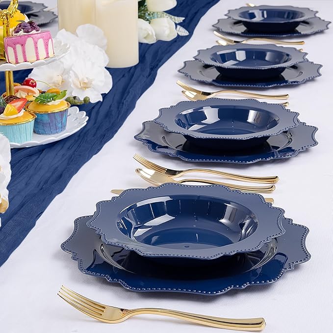 COLOSUS Navy Blue Plastic Party Bowls (60 Pack) 12 Oz Disposable Soup/Salad Bowl, Fancy Shatterproof Dinnerware for Catering, Holidays, Weddings, and Everyday Use