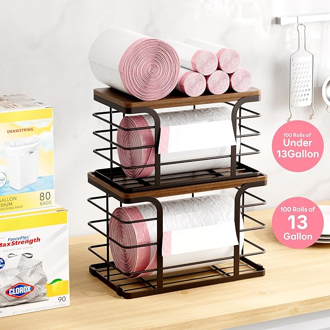 2 Pack Storage Stackable Kitchen Laundry Pantry Organizers,Wall Mount Trash Bag Holder Dispenser with Bamboo Top Countertop Organizer,Brown