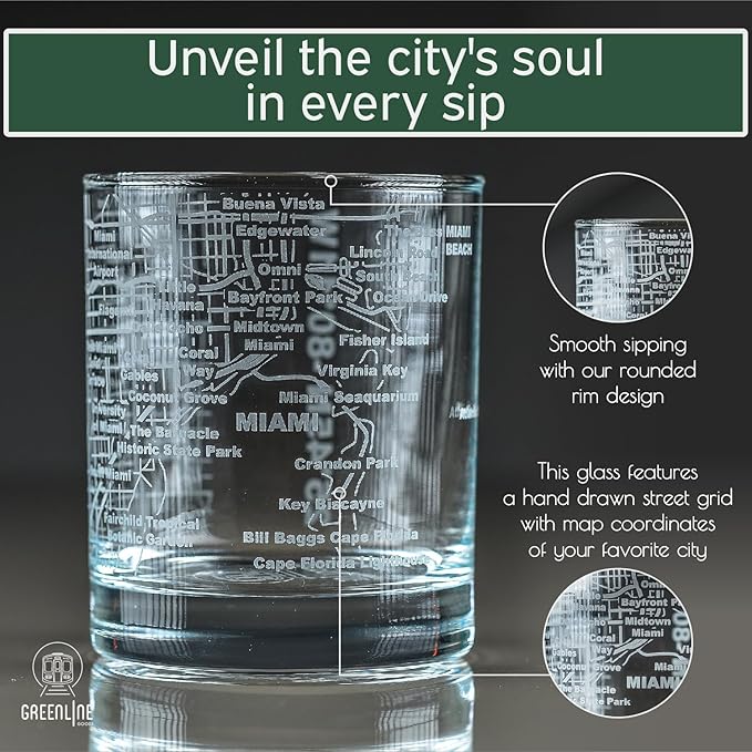 Greenline Goods Whiskey Glasses - 10 Oz Tumbler Set for Miami lovers, Etched with Miami City Map Old Fashioned Rocks Glass - Set of 2