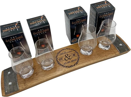 Personalized Premium 4 Glass Whiskey Flight/Engraved Center/Personalized Gift/Crystal Glass Option/Natural Oak Color (Wedding/Anniversay)