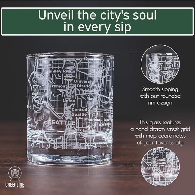 Greenline Goods Whiskey Glasses - 10 Oz Tumbler Set for Seattle lovers, Etched with Seattle Map | Old Fashioned Rocks Glass - Set of 2