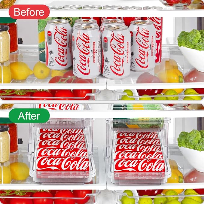2 Pack Drink Organizer for Refrigerator, Soda Can Dispenser, Adjustable Width Canned Food Pop Cans Container Beverage Holder for Fridge Organizing, Clear Plastic Storage Bins