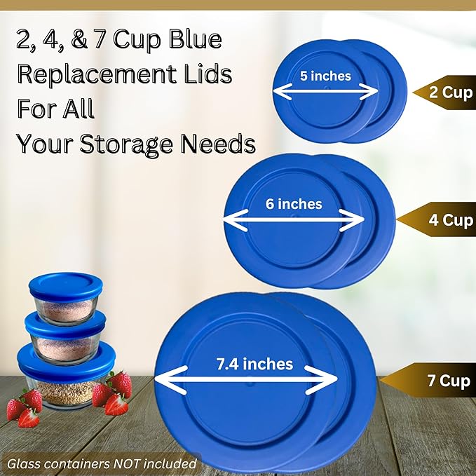 2, 4 & 7 Cup Blue Replacement Lids/Covers for Pyrex, Anchor Hocking & KlareWare Storage Bowls *Lids Only Glass Container Not Included* (6 Pack *Two of Each Size*)
