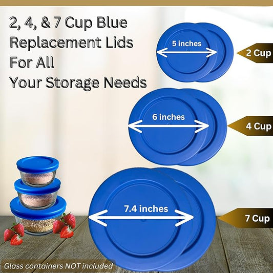 2, 4 & 7 Cup Blue Replacement Lids/Covers for Pyrex, Anchor Hocking & KlareWare Storage Bowls *Lids Only Glass Container Not Included* (6 Pack *Two of Each Size*)