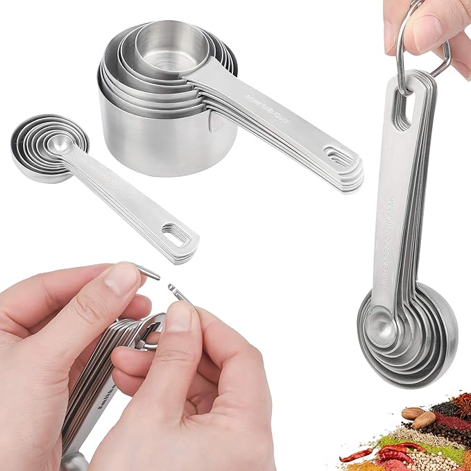 Measuring Cups and Spoons Set, 18/8 Metric & US Stainless Steel 8 Measuring Cups & 9 Spoons with 1 Leveler & 1 Measurement Conversion Chart for Baking & Kitchen