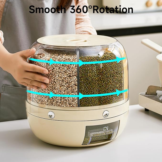 Rice Dispenser | 360° Rotating Grain Storage Bin - 6 Grids, 20LBS Large Capacity Food Container, Moisture-Proof, One-Click Output for Rice, Beans & Pet Food - Kitchen Pantry Organizer