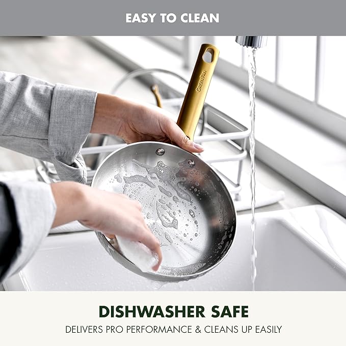 GreenPan Stainless Steel Tri-Ply Reserve 10” and 12” Frying Pan Skillet Set, Multiclad Cookware, PFAS-Free, Induction, Oven & Broiler Safe to 600°F, Heat Responsive Core, Dishwasher Safe, Gold Handles