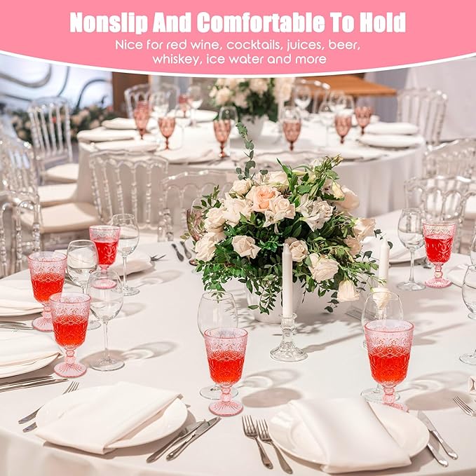 Eaasty Wine Glasses Set of 12 Vintage Goblet 9 oz Vintage Colored Glass Goblet Beverage Stemmed Glass Cups Romantic Embossed Glassware for Wedding Party Holidays Anniversary (Pink)