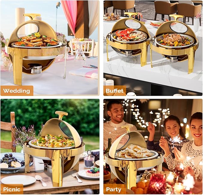 ROVSUN 6 QT 3 Pack Round Chafing Dish Buffet Set, Roll Top NSF Stainless Steel Buffet Warmer Chafers and Warmers Sets with Thick Frame for Catering Events Parties Weddings Dinners, Gold