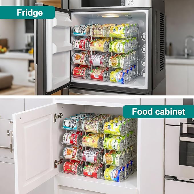 cjc 3 Sets 4 Tiers Can Organizer for Pantry, Holds 48 Cans Clear Stackable Can Organizer for Fridge, Soda Pantry Organizers and Storage Auto-Rolling & Free Combination for Countertop Kitchen Cabinet