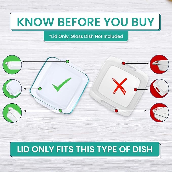 Replacement Lid for Pyrex 2-Quart 8" x 8" Glass Baking Dish #222, Compatible with Lid #222-PC, Food Storage Container Cover with Flush Tab Handles (Teal)