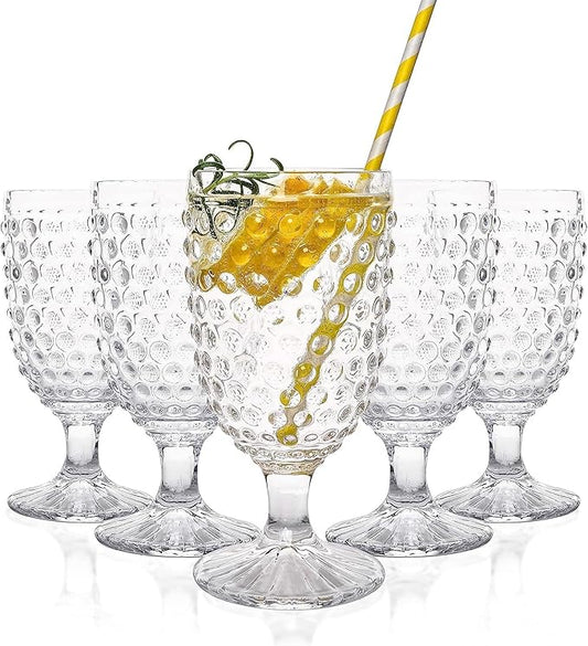 Hobnail Drinking Glasses Goblet Water set of 6, 13 oz Iced Tea Glasses Ideal for Soda Wine Milk Coke Juice and Beer Perfect for Weddings Parties Bars