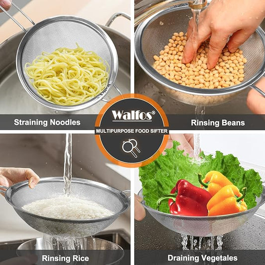 Walfos 9 Inch Large Fine Mesh Strainer, Kitchen Metal Food Strainers with Sturdy Handle, Stainless Steel 30 Mesh Sieve Sifters for Rice, Quinoa, Pasta, Fruits, Vegetables, etc.