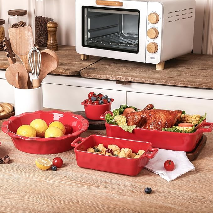 VICRAYS Ceramic Bakeware Set, Porcelain Rectangular Baking Dish, Baking Pan Lasagna Pans Casserole Dish Set for Cooking, Kitchen, Cake Dinner, Banquet and Daily Use, 3 PCS, 15 x 8.5 Inches (Red)