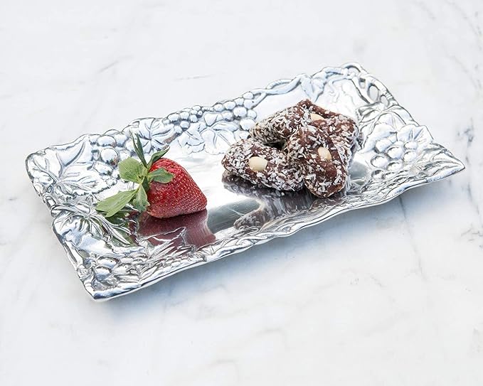 Arthur Court Metal Bread Serving Tray Grape Pattern Sand Casted in Aluminum with Artisan Quality Hand Polished Design Tarnish-Free 6 inch x 12 inch