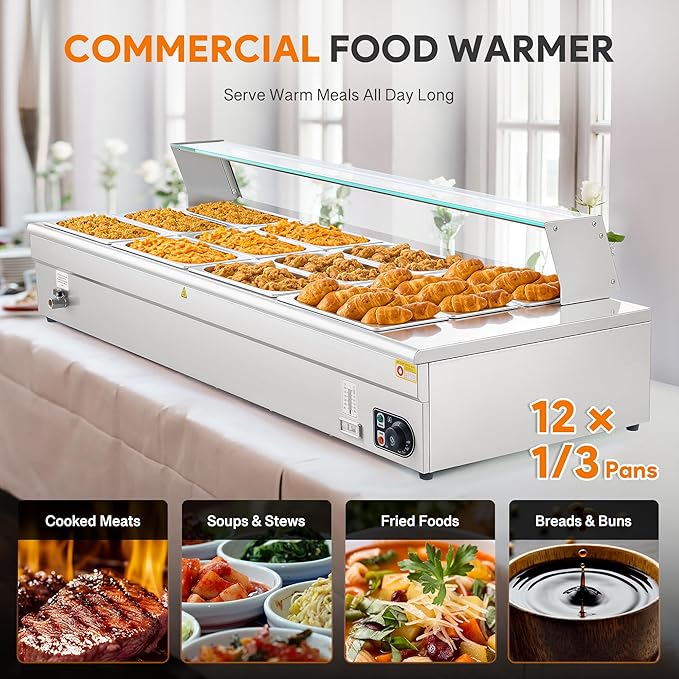 WILPREP Commercial Food Warmer with Twelve 1/3 Pans, Electric Warmer for Food with Sneeze Guards Adjustable Temp. & Auto Shutoff, Stainless Steel Food Heating Unit for Buffet Food Truck Hotel Catering