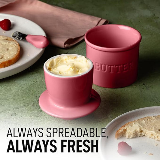 Zulay Kitchen Porcelain Butter Crock With Lid & Knife - Authentic French Butter Dish For Fresh & Spreadable Butter - Dragonfruit