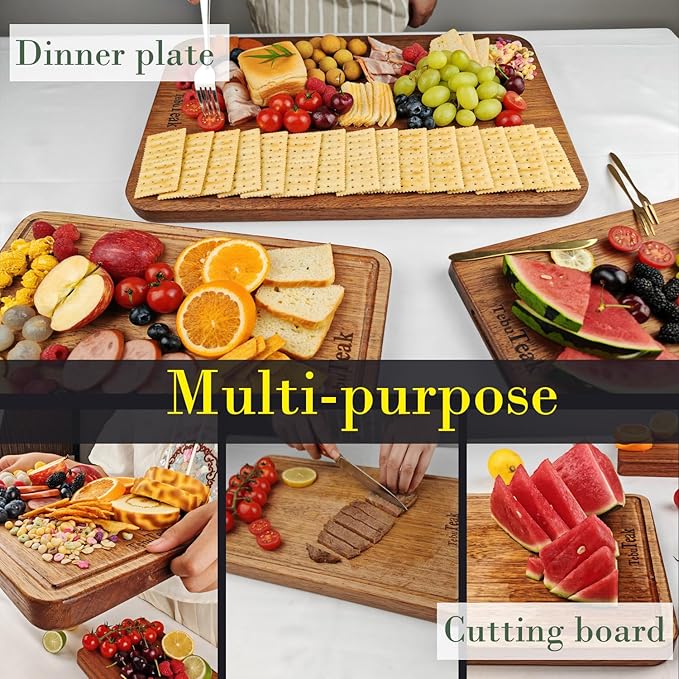 Solid Teak Wood Cutting Board Set - Single/One Piece Design Crack Resistant Wooden Choping Boards No Glue Knife-Friendly for Kitchen Meat Vegetable 16.9x11.8&11.8x7.9 IN