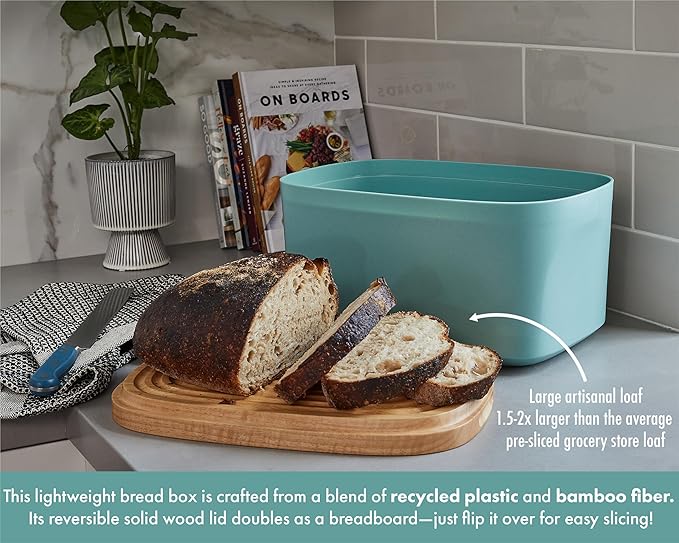 Sonder Los Angeles, Modern Bamboo Fiber and Recycled Plastic Bread Box (Blue Green) for Kitchen Countertop with Reversible Bread Board Wood Lid 14.25 x 9.25 x 7 in