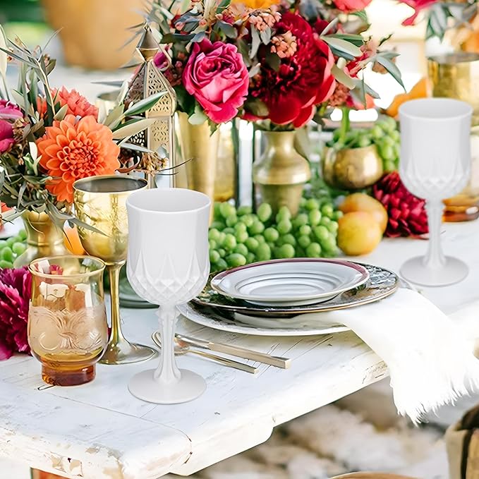 JLYLOL Plastic Vintage Wine Glasses 7OZ Plastic Goblets Vintage Drinking Glasses 48PCS Retro Wedding Glassware Water Goblets Reusable Drinking Cups for Party,Reception,Celebration,Bar,Whiskey(White)