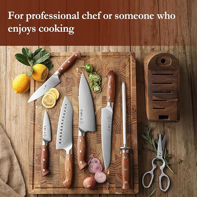 HEZHEN 8-Piece Chef Knife Set with Block and Sharpener, Razor-Sharp, German DIN 1.4116 Steel, Includes Chef, Santoku,Slicing, Utility, Paring Knives and Kitchen Shears
