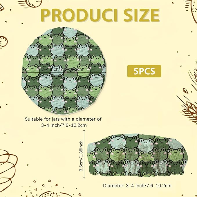 Cute Frog Green Sourdough Jar Cover Reusable Cloth Lid for Sour Dough Starter Jar,5 Pack Bread Fermentation Container Tops Elastic Fabric Caps