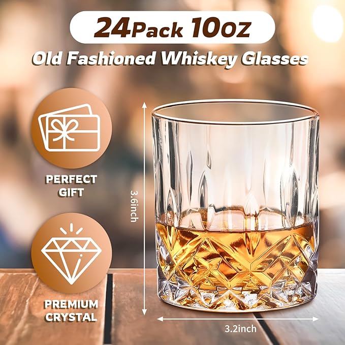 24 Pcs Old Fashioned Whiskey Glasses Bulk 10 Oz Bourbon Glass Cocktail Rocks Glasses for Whiskey Bourbon Vodka Liquor and Cocktail Drinks Gift for Father