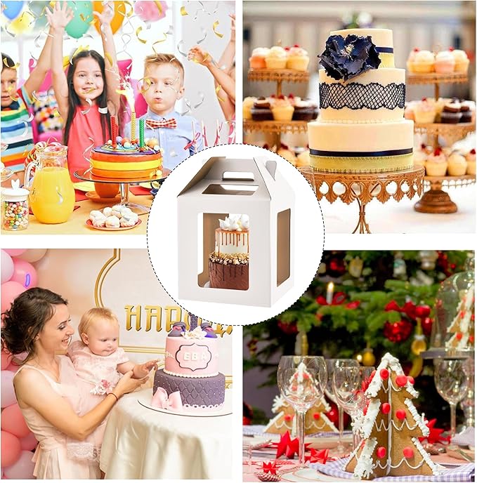 Tall Cake Boxes 6 Windows with handle, In 2 Size 12x12x12&14x14x14inch Cake Boxes for 12" & 14" Tiered Cakes,Square Cake Carrier,largeTake Out Transport Containers(2Pcs-White)
