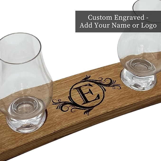 Personalized Premium 4 Glass Whiskey Flight/Engraved Center/Personalized Gift/Crystal Glass Option/Natural Oak Color (Circle Flourish)