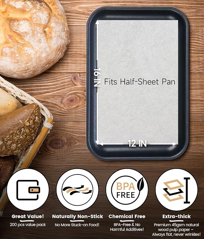 400 PCS Unbleached Parchment Paper Sheets for Baking 12x16 Inches, Non-Stick and Non-Toxic Pre-cut Parchment Sheets for Oven, Cooking, Grilling, Air Fryer and Steaming - Fit for Half Sheet Pans, White