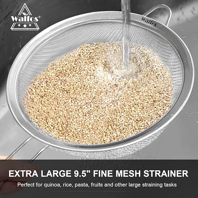 Walfos Extra Fine Mesh Strainer Set of 4-9.35", 6.95", 4.6", 2.7", Stainless Steel 30 Mesh Sieve with Sturdy Handle, Kitchen Food Strainers Sifters for Quinoa, Pasta, Fruits, Vegetables, Rice, Tea