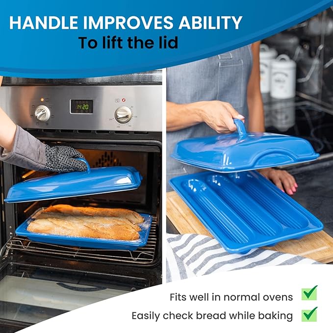 Baguette Pan with Lid for French Bread – 3 Slot Blue Bread Baker Tray – Ceramic Baguette Mold for Sub Rolls, Hoagie, Italian Loaf – Easy-Lift Handle & Vented Crisp Crust Baking