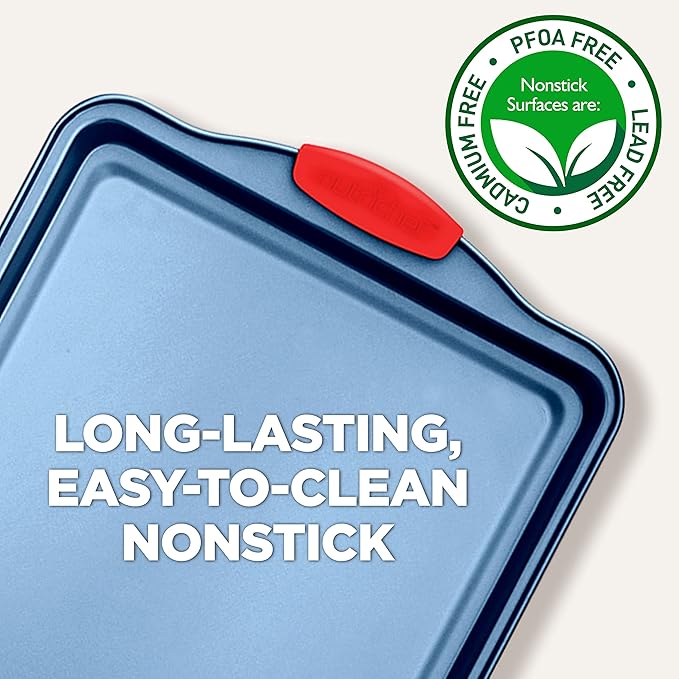 NutriChef Nonstick 3-Piece Baking Pans Set – Carbon Steel Bakeware with Blue Coating Inside & Outside and Red Silicone Handles, Durable and Reliable, Effortless Baking and Easy Cleanup (Blue)