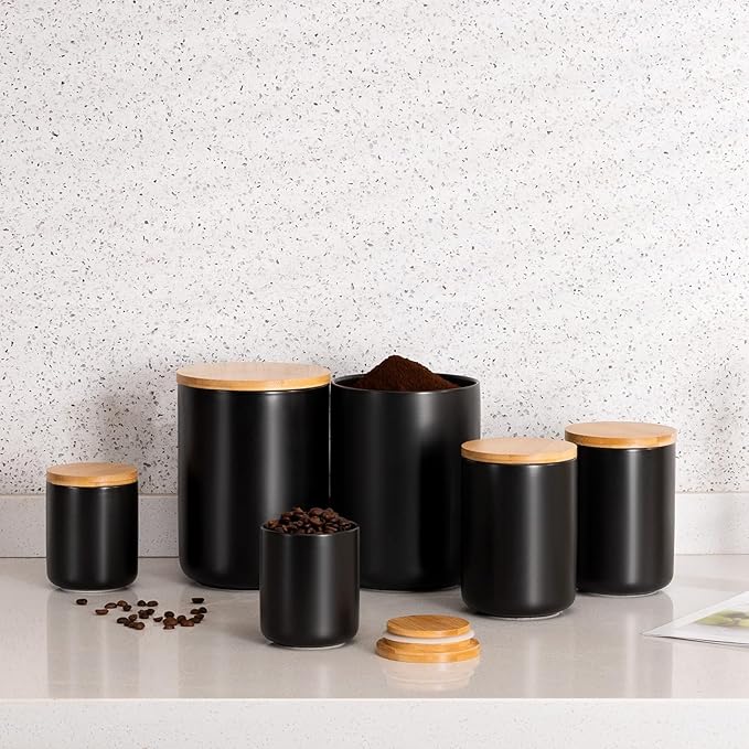 Yangbaga Black Ceramic Canister Set for Kitchen-Set of 3 Kitchen Canisters for Countertop with Airtight Wood Lids,Large Kitchen Storage for Flour,Suger,Coffee-Modern Countertop Decor
