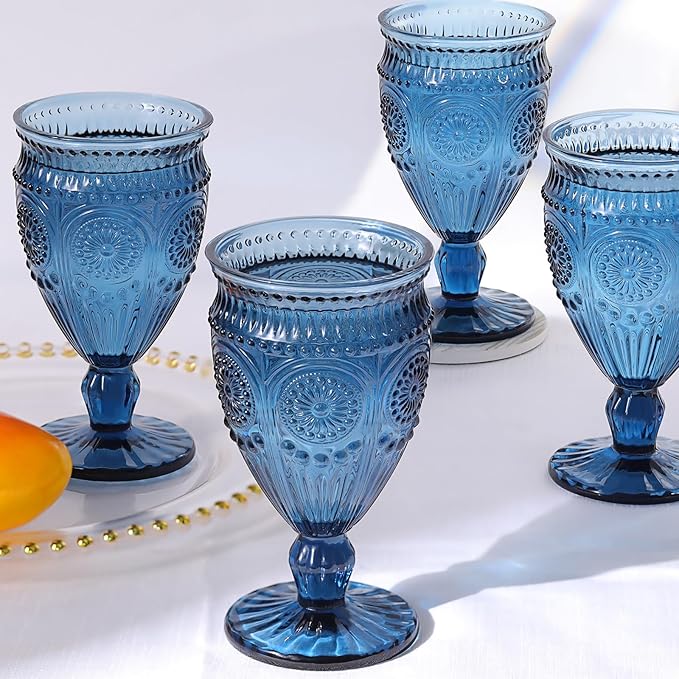 4Pcs Blue Wine Glasses, 12oz Glass Goblets, Vintage Drinking Glassware, Colored Glassware Set for Party Home Wedding Baby Shower