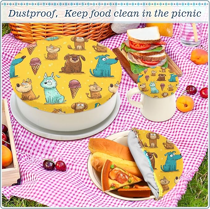 5 Pcs Bowl Covers Reusable in 5 Size Elastic Food Cover Cloth Lids Fresh Keeping Dish Cookware Bakeware Fabric Covers Lids for Food Leftovers Fruits Storage Bright Yellow Dogs and Ice Cream