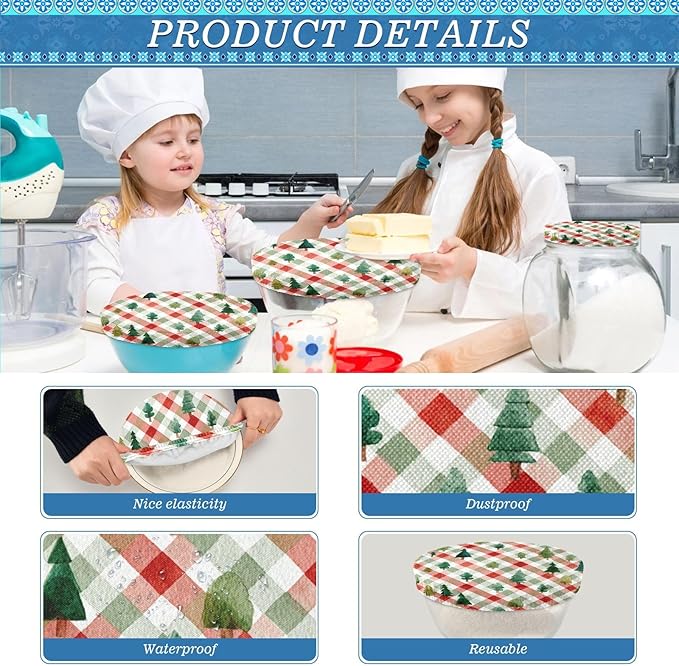 5 Pcs Bowl Covers Reusable in 5 Size Elastic Food Cover Cloth Lids Fresh Keeping Dish Cookware Bakeware Fabric Covers Lids for Food Leftovers Fruits Storage Watercolor Christmas Plaid Trees