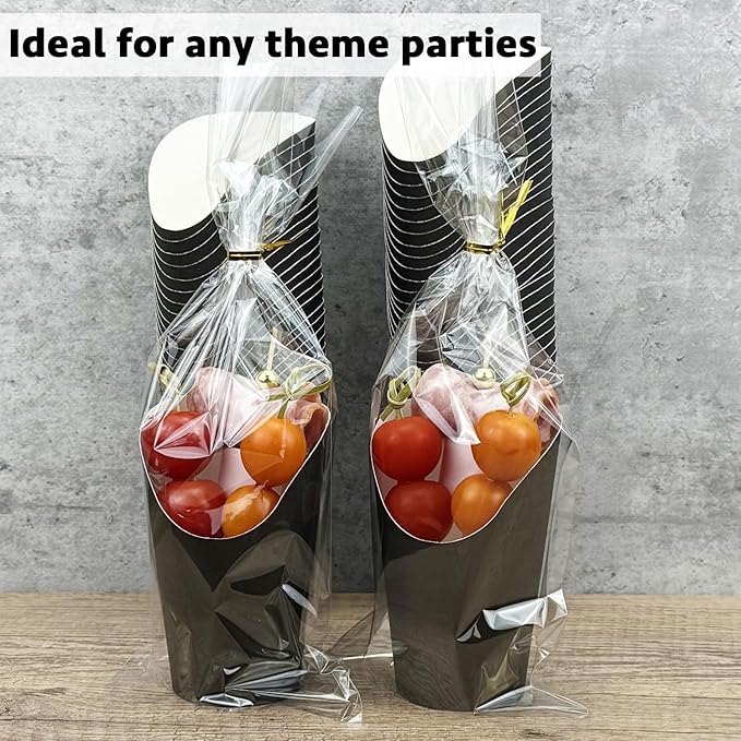 CAMKYDE 50 Sets Disposable Charcuterie Cups with Sticks and Bags, 12 oz Black Paper Snack Appetizers Cup French Fry Holder with Cocktail Picks Toothpicks (50 Cups+50 Bags+200 Sticks)