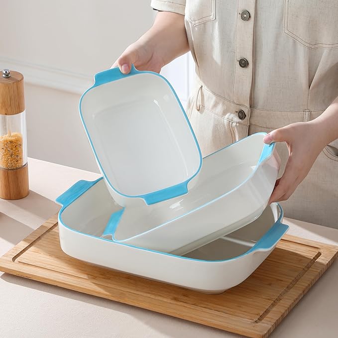 MALACASA Casserole Dishes for Oven, Ceramic Baking Dishes Set of 3, Rectangular Lasagna Pan Deep Baking Pans, Bakeware Sets with Handles Gift Set, White with Blue Trim(13.8''/11.7''/9.4''), Series BAKE