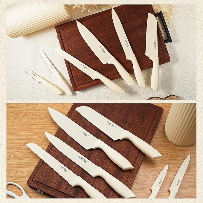 Knife Set, 8-Piece Kitchen Knife Set for Chef, Sharp Knife Set with Universal Knife Block, Anti-Rust Kitchen Knife Block Set, Ergonomical Design (White)