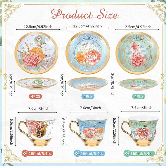 Set of 12 Tea Cups and Saucers Tea Party Decorations Floral Porcelain 5.4 oz British Gift for Women Birthday Party, Church, and Mother's Day (Classic Style,5.4 oz)