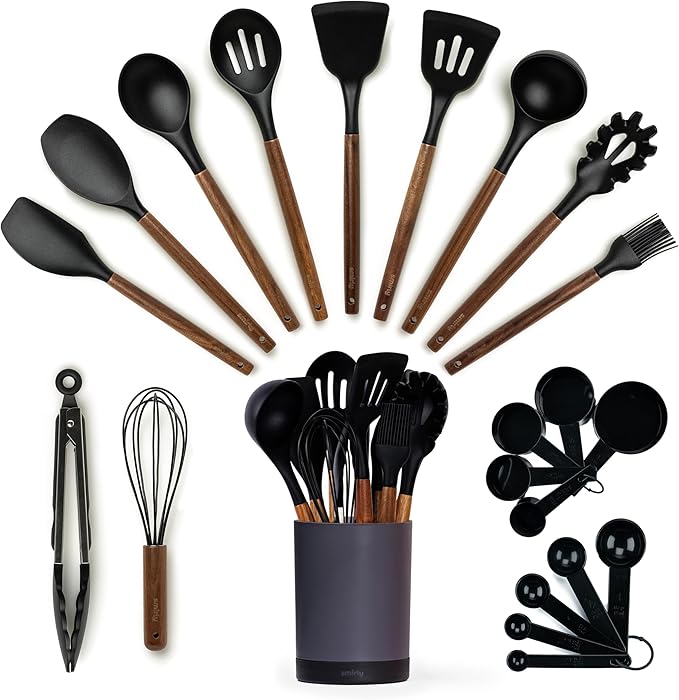 SMIRLY Kitchen Utensils Set – 22-Piece Silicone Cooking Utensils Set, Spatula Set with Holder, Wooden Handle Silicone Kitchen Gadgets for Nonstick Cookware