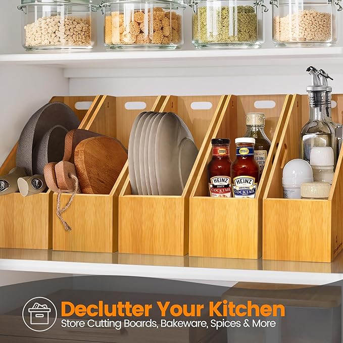 Slim Bamboo Storage Bin with Handles – Heavy-Duty Organizer for Pans, Lids, Cutting Boards, Snacks & More | Open-Front & No-Drill Wall Mount | Kitchen, Pantry, Bathroom & Office Use