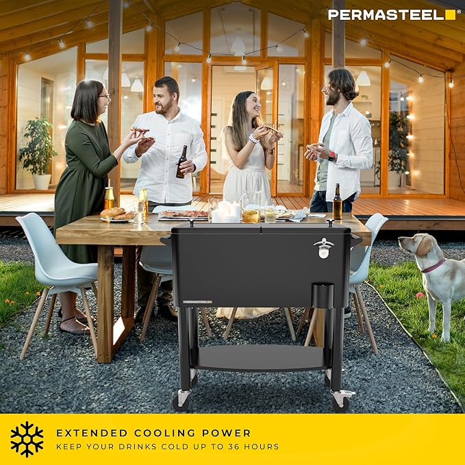 Permasteel 80 Quart Party Cooler, Rolling Ice Chest with Wheels and Handles for Indoor Outdoor Patio