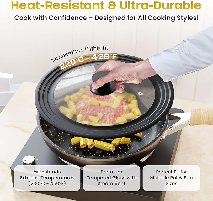 Universal Lid for Pots Pans & Skillet Size 7, 7.5, 8, 8.5, 9, 9.5,10, 10.5,11 & 11.5" Inches Cookware - Tempered Glass Lid with Silicone Rim (Two Pack - Black)