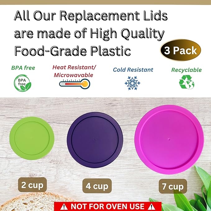 2, 4 & 7 Cup Spring Green, Purple, Pink Replacement Lids/Covers for Pyrex, Anchor Hocking & KlareWare Storage Bowls *Lids Only Glass Container Not Included* (3 Pack *One of Each Size*)